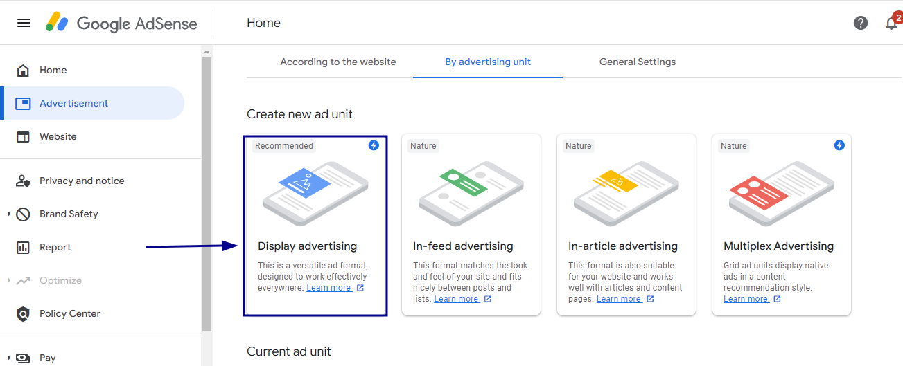 In the Create new ad unit section